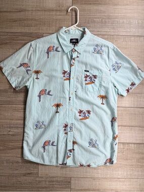 O'Neill Men's Blue Tropical Parrot Palm Aloha Shirt Medium